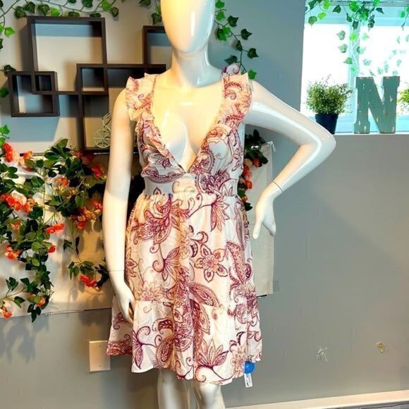 Cupshe Plunge Ruffle Fitted Waist Tie A-Shape Dress White Pink Size Large‎ - Picture 4 of 14